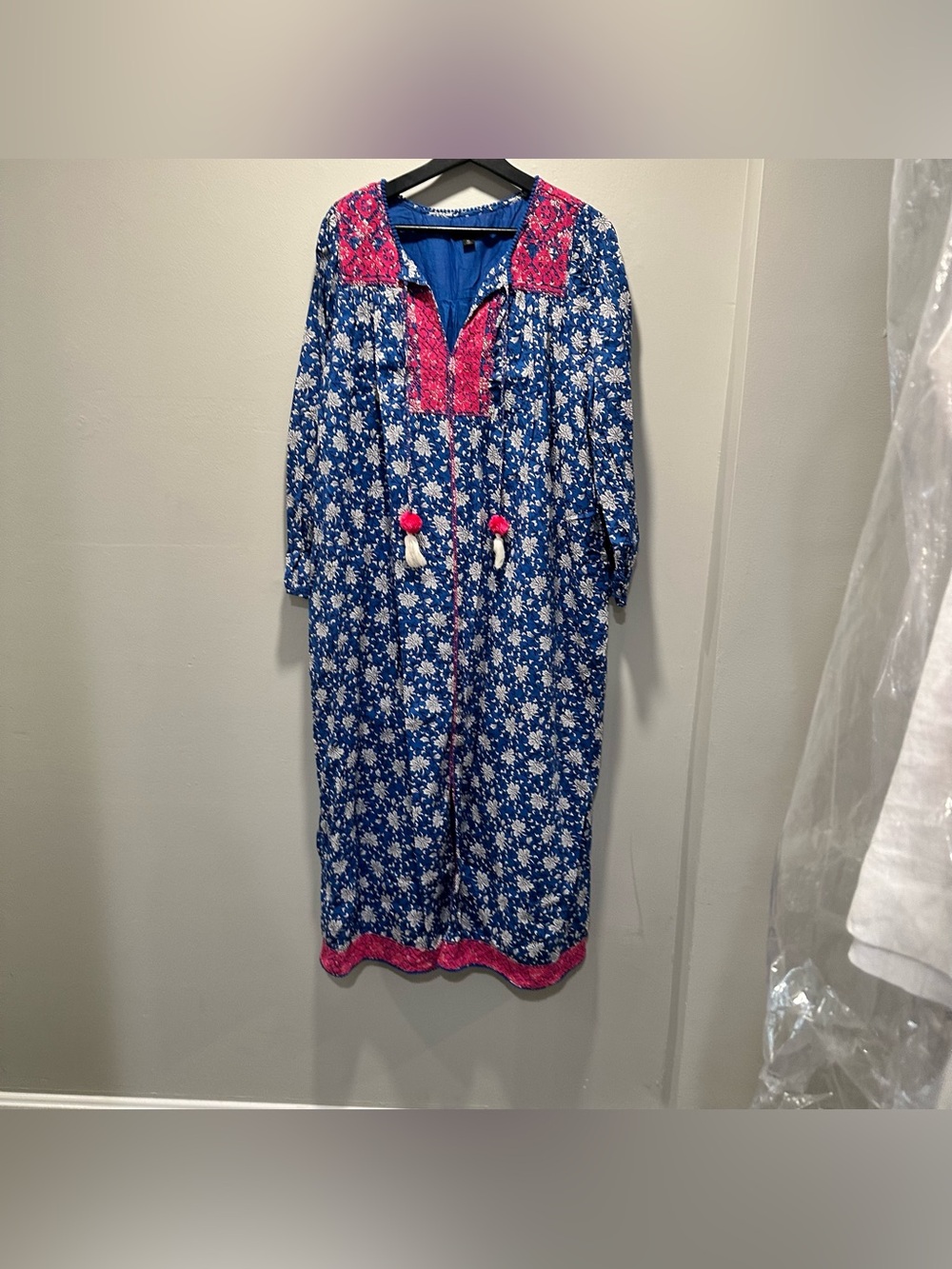 J. Crew Blue Floral Peasant Cottage Maxi Dress Pink Embroidered Yoke Size XL